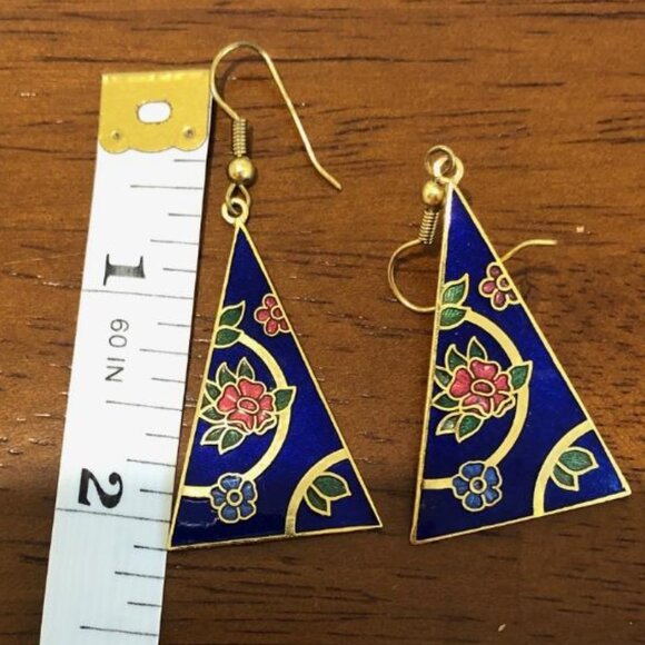 Triangle Floral Blue Dangle Earrings. - Picture 7 of 10